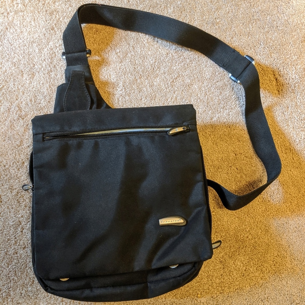 Travelon crossbody with flap and zipper closure